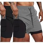 COOFANDY Men's Workout Shorts Quick Dry 2 in 1 Gym Bodybuilding Training Running Athletic Jogger with Phone Pockets (2-pack: Black+Grey, Large)