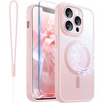 ROYBENS for iPhone 13 Pro-Max Matte Clear Case Compatible with Magsafe, Full Camera Lens Protection, Screen Protector, Wrist Strap, Translucent Magnetic Slim Hard Protective Phone Cover, Pink