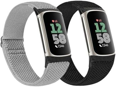 2 Pack Elastic Nylon Bands Compatible with Fitbit Charge 6 / Fitbit Charge 5, Classic Soft Breathable Adjustable Sport Smartwatch Replacement Wristband for Women Men (Black+Grey)