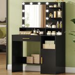 Hzuaneri Vanity Desk with Mirror and 10 LED Lights, Makeup Vanity with 3 Shelves & 4 Open Compartments, Dressing Table with Large Drawer & Cabinet, 3 Adjustable Lighting Brightness, Black VT08106XCA