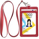 Teskyer Card Holder with Lanyard, ID Badge Holder with Clear Window and Holds 2 Cards, PU Leather Vertical Badge Holder for ID Cards, Offices, Schools, Bus Passes, Wine Red