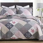 ENJOHOS King Size Quilt Bedding Set Grey Quilt Sets Bedspread Reversible Patchwork Floral Coverlet Set, Lightweight Country Quilts Bedding Set with 2 Pillow Shams