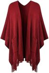 Ferand Women's Shawl Wraps with Pockets Open Front Fringe Poncho Cozy Knit Lightweight Cardigan Sweater, Burgundy