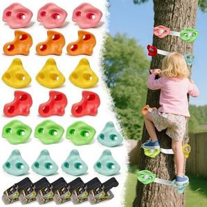 20 PCS Ninja Rock Climbing Holds for Kids,Tree Climbing Rock Wall Grips,Adult Rock Wall Holds Rock Wall Climbing Kit with 6 Ratchet Straps for Indoor and Outdoor Climbing Wall Holds（Pastel Color）