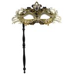 WILOVCOS Womens Masquerade Mask with Stick, Handheld Mardi Gras Mask,Venetian Party Masks (Black & Gold)