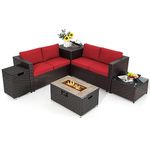 Tangkula 6 Pieces Patio Wicker Furniture Set with 32 Inches Propane Fire Pit Table and Tank Holder, Outdoor Conversation Set with Storage Box and Coffee Table, 2 Waterproof Covers Included (Red)