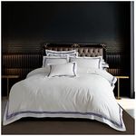 Plain Dyed Duvet Cover Double, Hotel Quality Border Stripe Bedding Sets With Pillow Cases, White/Navy