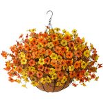 Artificial Fake Hanging Baskets Flowers for Fall Outdoors Decoration, Faux Silk Mums Plants UV Resistant Look Real Outside Yard Patio Front Porch Garden Balcony Autumn Home Decor (Orange Yellow)