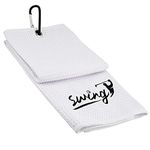 Swing Sports Golf Towel with Clip - White Waffle Microfiber Golf Towel Tri-Fold Golf Bag Towel for Club, Ball, or Hands