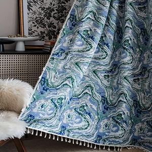 Boho Curtains 63 Inch Length 2 Panels Patterned Semi-Sheer Drapes River and Mountain Printed Abstract Tassel Rod Pocket Short Rustic Bohemian Bedroom Living Room Farmhouse Window Curtain Panels