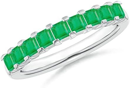 Angara Natural Emerald Wedding Ring for Women | Square Shape Emerald Half Eternity Ring in White Gold | May Birthday, Anniversary, Gemstone Jewelry Gift | AA | 1.5mm | Ring Size- 7.5
