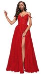 Kncpti Women's Spaghetti Straps Prom Dresses Lace Appliques Off Shoulder Tulle Sexy Split Long Formal Evening Party Gowns New, Red, 16