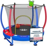 Happin® 55” Upgraded Toddler Trampoline Indoor & Outdoor Playset Ages 1-6, 5FT Kids Trampoline, Ultra Safe Mini Trampoline for Kids with Safety Enclosure Net, Gifts for Birthday with Basketball Hoop