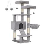 FEANDREA Cat Tree, Cat Tower for Indoor Cats, 55.9-Inch Cat Condo with Scratching Posts, 2 Plush Perches, Basket, Large Cat Cave, Ramp, Cat Activity Center, Light Gray UPCT160W01