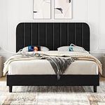 Yaheetech 5ft King Bed with Headboard, Upholstered Platform Bed Frame with 2 USB Charging Stations/Ports for Type A&Type C, Seamlessly Connected Headboard/Wood Slat Support, Black 150x200 cm