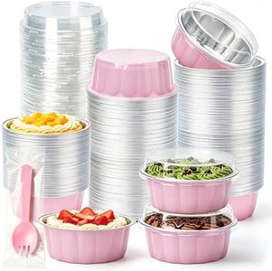 NPLUX Mini Cake Pans with Lids and Spoons, 100 Pack 8 oz Round Pink Aluminum Foil Baking Pans for Creme Brulee, Pudding, Cheesecake, Cupcakes, Parties, Weddings and Bake Sale