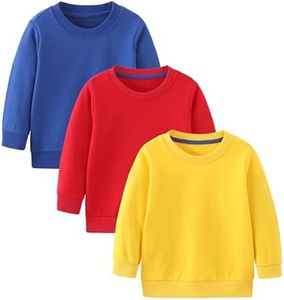GFQLONG Toddler Boys 3 Pack Cotton Crewneck Sweatshirt, Baby Solid Long Sleeve Pullover Tops,Red+Yellow+Blue 5-6T