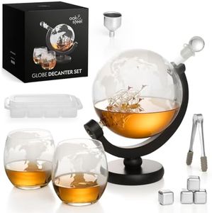 Oak & Steel - Juego Decantador De Whisky de Globo Prima Cristal mas Set de 2 Vasos con en Grabado Y Piedras de Whisky - Capacidad de 1.5 Litros