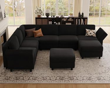 Belffin 114.2" Velvet Modular Sectional Sofa,7 Seat U Shaped Sofa Couch Set with Storage Deep Seat,Upholstery Comfy Sectional Couch with Movable Ottoman Chaise for Living Room,Black Color