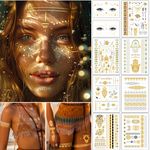 Boho Gold Temporary Tattoo Set, Body & Face Metallic Temporary Tattoos for Women Sexy, 150+ Glitter Tattoo for Women Adult Girls Kids for Bachelorette Party Beach Festivals Cosplay Dates, 9 Sheets