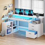 YITAHOME L Shaped Desk with Power Outlets, 65" Computer Desk with Drawers & Storage Shelves, Corner Office Desk with LED Lights & Printer Stand, White