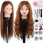 Mannequin Head with 80% Human Hair, TopDirect 23.5" Brown Real Hair Cosmetology Mannequin Head Hair Styling Hairdressing Practice Training Doll Heads with Clamp Holder and Tools