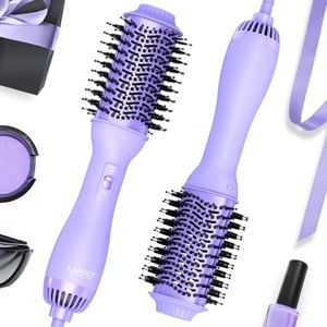 Hot Hair Blow Dryer Brush: LANDOT One-Step HairDryer Styler and Volumizer - Upgraded Plus 2.0 Hot Air Brush with Negative Ion Anti-frizz Ceramic Titanium 60mm Oval Shape Barrel Purple Color