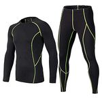 BUYKUD Men's Long Sleeve Base Layer Compression Athletic Underwear Shirt Tights Top & Bottom Set, Green, L(69-71,154-176lb)