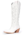 Pasuot White Cowboy Boots for Women - Wide Calf Cowgirl Knee High Boots with Side Zip and Embroidery, Pointed Toe Western Outfit Boots Chunky Heel Retro Tall Boot Pull On for Ladies Spring Fall US 8