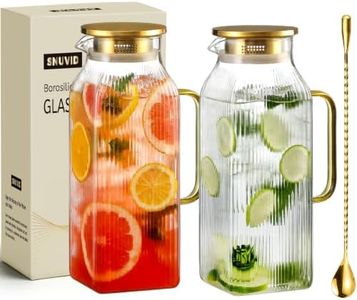 2 Pack 2 Liter/68 oz Square Glass Pitcher with Lid, Classic Stripes Water Pitchers with Handle for Fridge, Large Jug for Iced Tea, Coffee, Borosilicate Glass Carafe for Hot/Cold Brew Drink, Gold