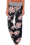 YAMTHR Womens Wide Leg Palazzo Pants Floral Printed High Waist Drawstring Trousers Lounge Pants (Black1, 2XL)