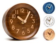 Driini Wooden Analog Desktop Clock – 4.3 in. Decorative Pinewood Clock, No-Tick Design – Easy to Read Silent Sweep Mantle Clock – Quiet Tabletop Clocks with Wood Body, Hands, & Battery Cover; Dark