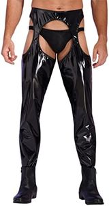 Linjinx Men's PVC Leather Wet Look Thigh-High Tights Suspender Solid Latex Leggings Long Pants Black Large