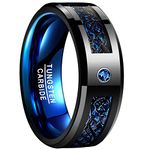 VAKKI Blue Carbon Fiber Tungsten Carbide Ring for Men Black Celtic Dragon Wedding Band with CZ Inlay Size Z