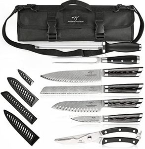 NANFANG BROTHERS Knife Set with Bag, 8 Pieces Damascus Steel Chef Knives with Portable Knife Roll Storage Bag, Blade Guards, Carving Fork, Sharpener and Kitchen Shears for Outdoor Camping BBQ Travel