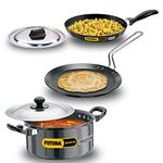 Hawkins Futura 3 Pieces Cookware Set 1, Induction Cookware Set - Non Stick Frying Pan, Flat Tava and Cook-n-Serve Stewpot with One Stainless Steel Lid, Black (INSET1)