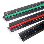 BTSKY 3 Pack 12 Inches Architectural Scale Ruler Engineering Imperial Scale Ruler with Standard Metric&Imperial Conversion Drafting Ruler Aluminum Triangular Scale Measuring Ruler Tool,Black with Red/Green/Blue