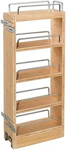 Rev-A-Shelf 448-WC-8C 8-Inch Wall Cabinet Pull Out Kitchen Storage Organizer with 3 Adjustable Wood Shelves and Chrome Rails, Maple