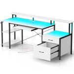 Rolanstar Computer Desk 63" with Power Outlet & LED Light, Home Office Desk with 2 Drawers & Printer Storage Shelves, Ergonomic Gaming Desk with Monitor Stand & Keyboard Tray, White