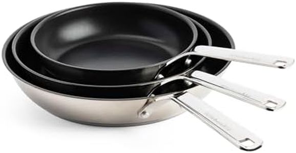 KitchenAid Lot de 3 poêles en acier inoxydable – Revêtement céramique antiadhésif sans PFAS – Compatibles induction & four – Diamètres : 20 cm, 24 cm, 28 cm – Argenté