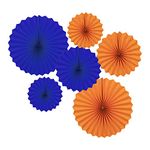 CC Wonderland Navy Blue and Orange Round Party Hanging Paper Fans Decorations Set, Pack of 6