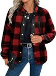 Zeagoo Women's Plaid Shacket Jacket Fuzzy Fleece Snap Button Down Coat Stand Collar Warm Outwear with Pockets