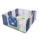 XJYMCOM Playpen with Play Mats, Baby and Toddlers Plastic Play Pen Anti Slip Suction Cups Upgraded Buckles Foldable Playpen Kids Indoors Outdoors 12+2 Panels Blue & White