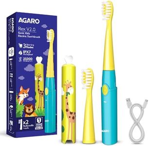 AGARO Rex V2.0 Sonic Kids Electric Toothbrush, 35,000 Strokes/Min, 2-Min Smart Timer, USB-C Rechargeable(Up to 21 Days), 3 Modes, 2 Soft Replaceable Brush Heads, IPX7 Waterproof Gentle for Kids' Teeth