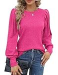 Hotouch Womens Cute Puff Sleeve Shirts Blouses Casual Solid Ribbed Knitted Sweater Round Neck Blouse Tunic Rose Red M