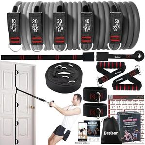 Besloor Resistance Band Set with Handles. Home Fitness Equipment for Total Body Workout - with Fitness Poster and Video (Black+Door Anchor Strip)