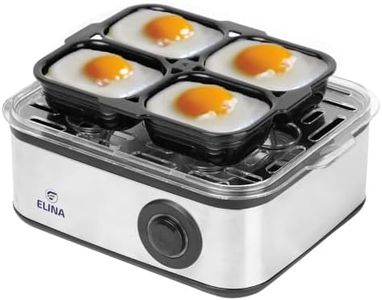 Elina Smart Stainless Steel Egg Boiler and Poacher | Boil up to 8 Eggs, Poach 4 eggs - 500 Watts | 3 Boiling levels: Soft, Middle and Hard | Auto Overheat Protection | Easy to clean | 1 Year Warranty