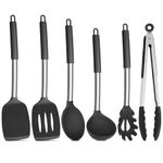 Onader Black Kitchen Utensils Set, 6 Pieces Silicone Cooking Utensils for Non-Stick Cookware, Heat Proof Kitchen Cooking Tools, Stainless Steel Handle & Dishwasher Safe