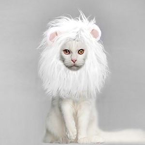 Onmygogo Lion Mane Wig for Cats, Funny Pet Cat Costumes for Halloween Christmas, Furry Pet Clothing Accessories (Size S, White)