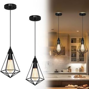 DWVO Pendant Lights Fixture Kitchen Island 2 Pack Farmhouse Iron Cage Metal Line Hanging Ceiling Light with E26 Lamp Holder Suitable for Entrance, Dining Room, Hallway (Black)